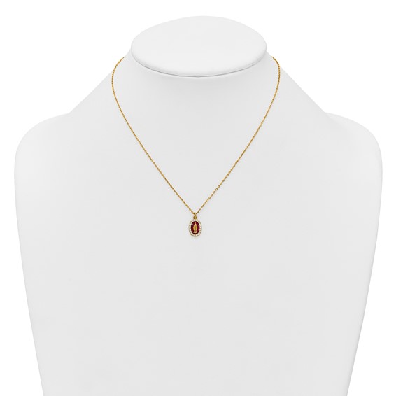 Sterling Silver Gold-plated CZ and Red Enamel Miraculous Medal 15.75 inch with 2 inch extender Necklace