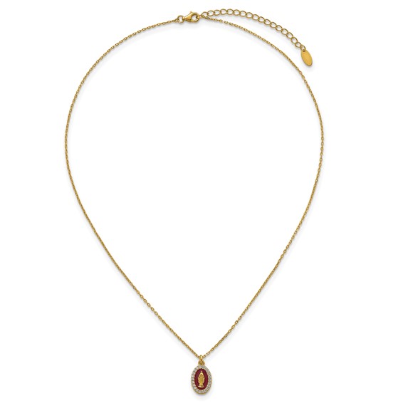 Sterling Silver Gold-plated CZ and Red Enamel Miraculous Medal 15.75 inch with 2 inch extender Necklace