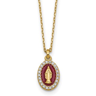 Sterling Silver Gold-plated CZ and Red Enamel Miraculous Medal 15.75 inch with 2 inch extender Necklace