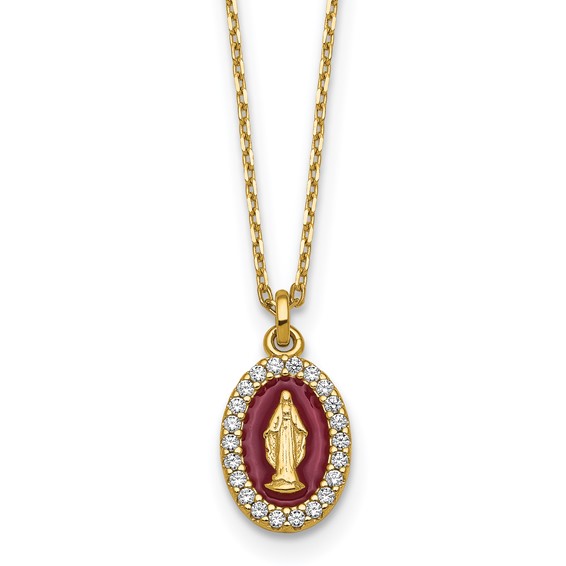 Sterling Silver Gold-plated CZ and Red Enamel Miraculous Medal 15.75 inch with 2 inch extender Necklace