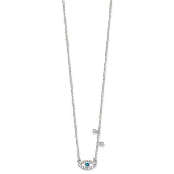 Sterling Silver Polished Blue and White CZ Eye with Beads 16 inch with 2 inch Extension Necklace