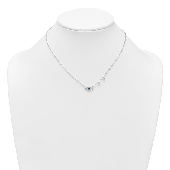 Sterling Silver Polished Blue and White CZ Eye with Beads 16 inch with 2 inch Extension Necklace