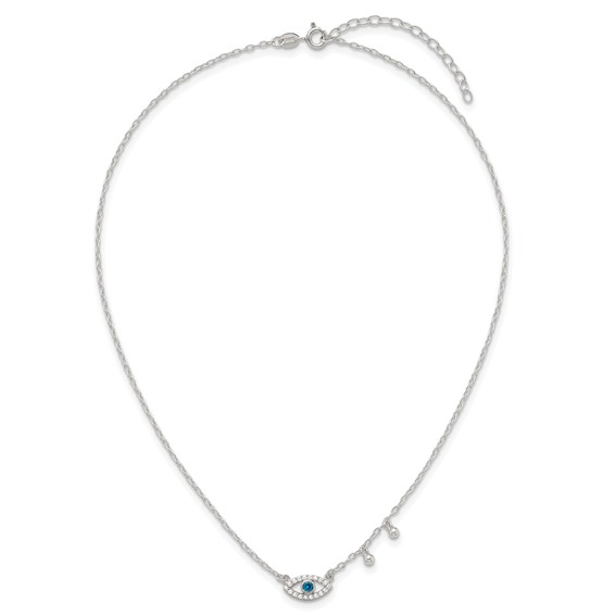Sterling Silver Polished Blue and White CZ Eye with Beads 16 inch with 2 inch Extension Necklace