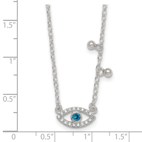 Sterling Silver Polished Blue and White CZ Eye with Beads 16 inch with 2 inch Extension Necklace