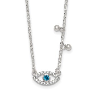 Sterling Silver Polished Blue and White CZ Eye with Beads 16 inch with 2 inch Extension Necklace
