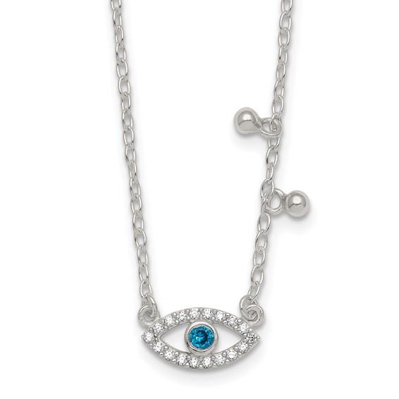 Sterling Silver Polished Blue and White CZ Eye with Beads 16 inch with 2 inch Extension Necklace