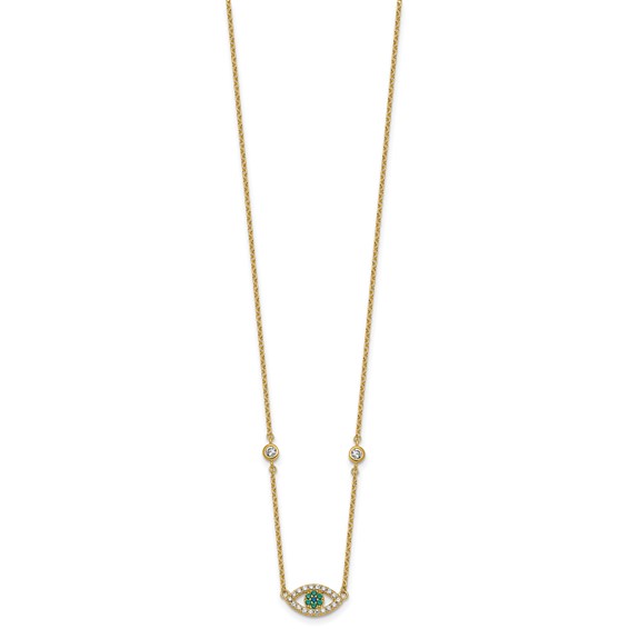 Sterling Silver Gold-tone Polished CZ and Blue and Green Nano Crystal Eye 16 inch with 2 inch Extension Necklace