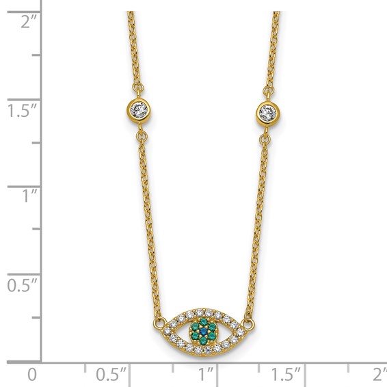 Sterling Silver Gold-tone Polished CZ and Blue and Green Nano Crystal Eye 16 inch with 2 inch Extension Necklace