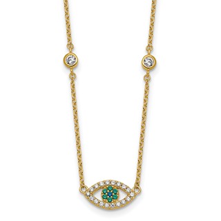 Sterling Silver Gold-tone Polished CZ and Blue and Green Nano Crystal Eye 16 inch with 2 inch Extension Necklace
