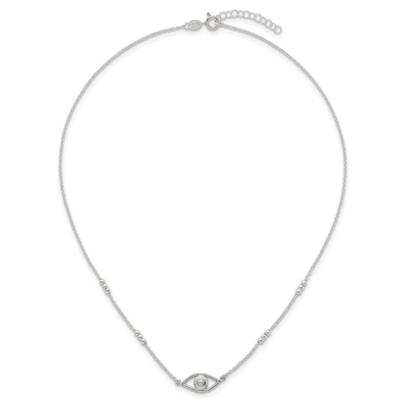 Sterling Silver Polished and Beaded Evil Eye 16.5 inch with 1 inch Extension Necklace