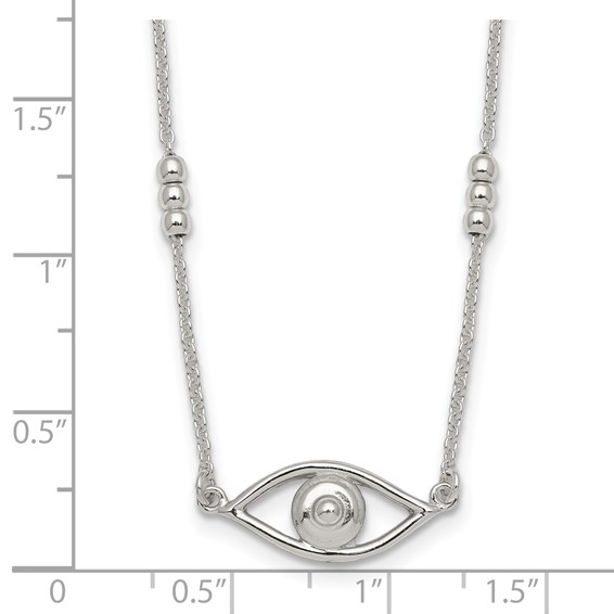 Sterling Silver Polished and Beaded Evil Eye 16.5 inch with 1 inch Extension Necklace