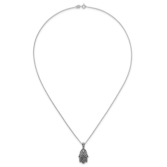 Sterling Silver Rhodium-plated Polished and Oxidized Filigree Hamsa 18 Inch Necklace