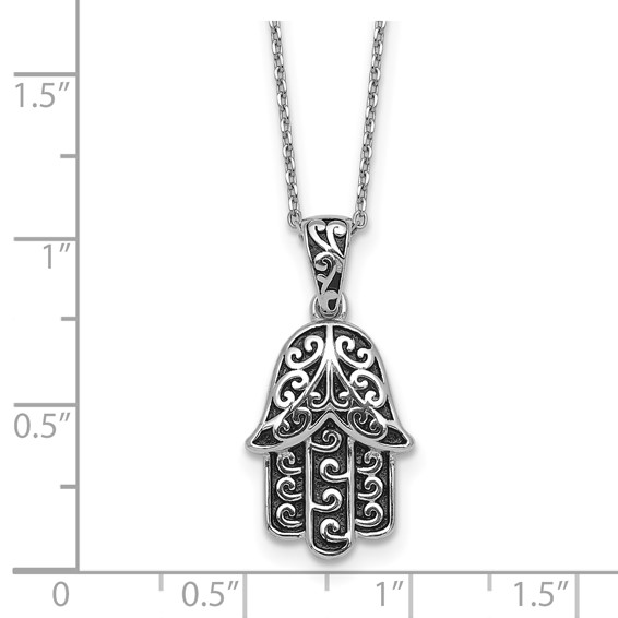 Sterling Silver Rhodium-plated Polished and Oxidized Filigree Hamsa 18 Inch Necklace