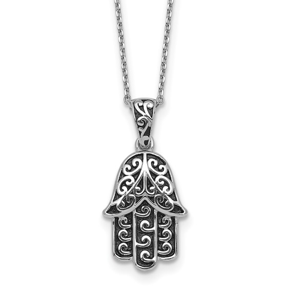 Sterling Silver Rhodium-plated Polished and Oxidized Filigree Hamsa 18 Inch Necklace