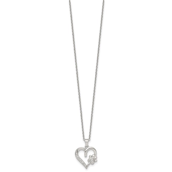Sterling Silver Polished White CZ Heart and Paw Print 16 inch Necklace