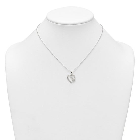 Sterling Silver Polished White CZ Heart and Paw Print 16 inch Necklace
