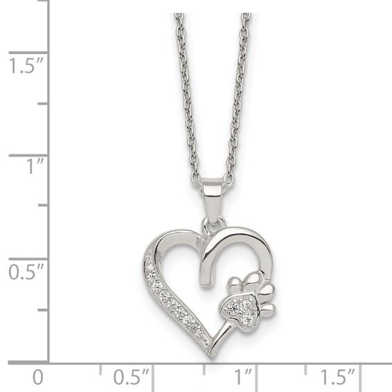 Sterling Silver Polished White CZ Heart and Paw Print 16 inch Necklace