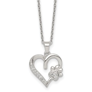 Sterling Silver Polished White CZ Heart and Paw Print 16 inch Necklace