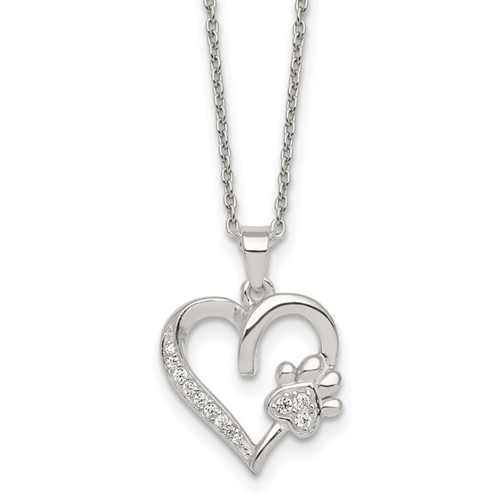 Sterling Silver Polished White CZ Heart and Paw Print 16 inch Necklace