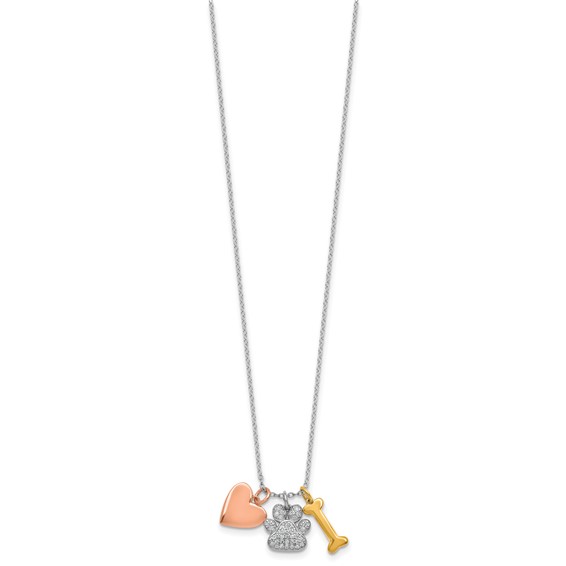 Sterling Silver Rose and Yellow Gold-plated Polished CZ Pawprint Heart and Bone 16 Inch with 2 Inch Extension Necklace