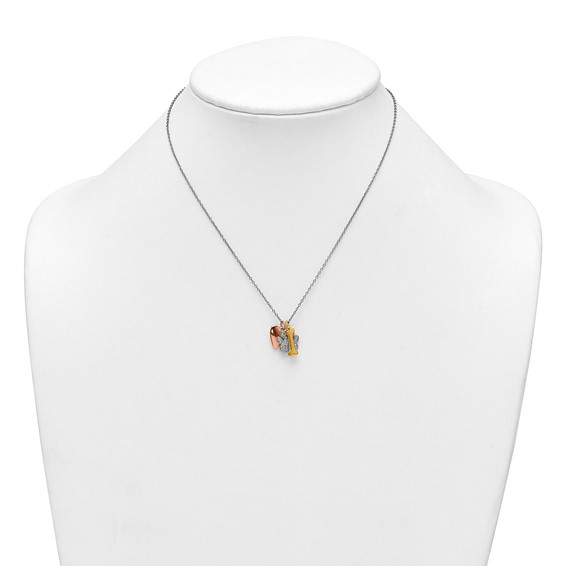 Sterling Silver Rose and Yellow Gold-plated Polished CZ Pawprint Heart and Bone 16 Inch with 2 Inch Extension Necklace