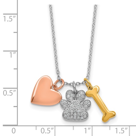Sterling Silver Rose and Yellow Gold-plated Polished CZ Pawprint Heart and Bone 16 Inch with 2 Inch Extension Necklace