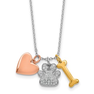 Sterling Silver Rose and Yellow Gold-plated Polished CZ Pawprint Heart and Bone 16 Inch with 2 Inch Extension Necklace