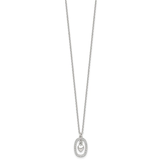 Sterling Silver Polished White CZ Oval with Dangle Heart 16 inch Necklace