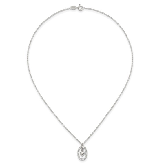 Sterling Silver Polished White CZ Oval with Dangle Heart 16 inch Necklace