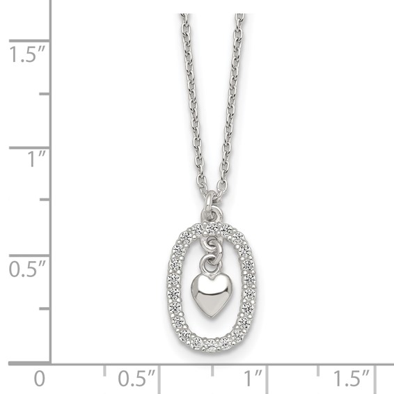 Sterling Silver Polished White CZ Oval with Dangle Heart 16 inch Necklace