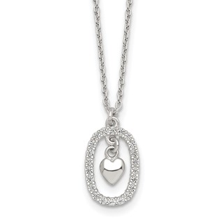 Sterling Silver Polished White CZ Oval with Dangle Heart 16 inch Necklace