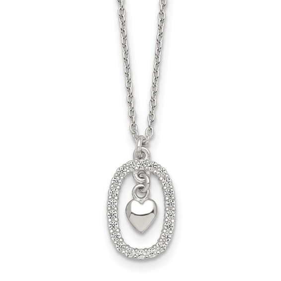 Sterling Silver Polished White CZ Oval with Dangle Heart 16 inch Necklace