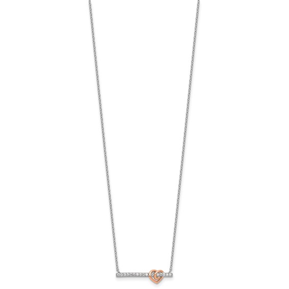 Sterling Silver Rhodium-plated and Rose-tone Polished CZ Heart Bar 16 Inch with 2 Inch Extension Necklace