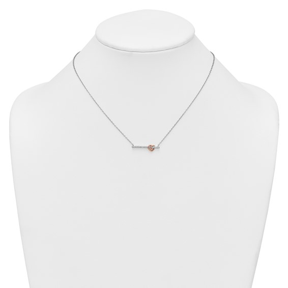 Sterling Silver Rhodium-plated and Rose-tone Polished CZ Heart Bar 16 Inch with 2 Inch Extension Necklace