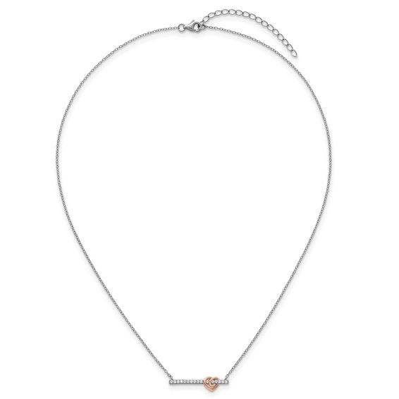 Sterling Silver Rhodium-plated and Rose-tone Polished CZ Heart Bar 16 Inch with 2 Inch Extension Necklace
