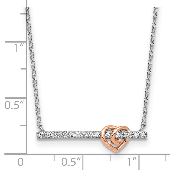 Sterling Silver Rhodium-plated and Rose-tone Polished CZ Heart Bar 16 Inch with 2 Inch Extension Necklace