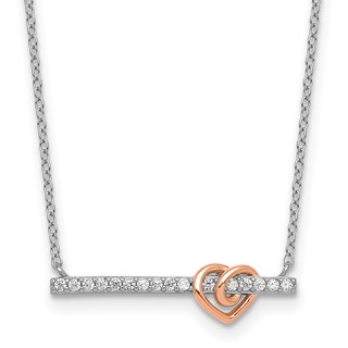 Sterling Silver Rhodium-plated and Rose-tone Polished CZ Heart Bar 16 Inch with 2 Inch Extension Necklace