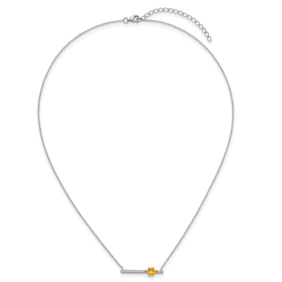 Sterling Silver Rhodium-plated and Gold-tone Polished CZ Pawprint Bar 16 Inch with 2 Inch Extension Necklace
