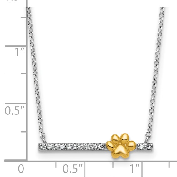 Sterling Silver Rhodium-plated and Gold-tone Polished CZ Pawprint Bar 16 Inch with 2 Inch Extension Necklace