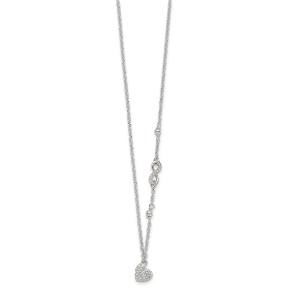 Sterling Silver Polished Beaded White CZ Infinity and Heart 16 inch with 2 inch Extension Necklace