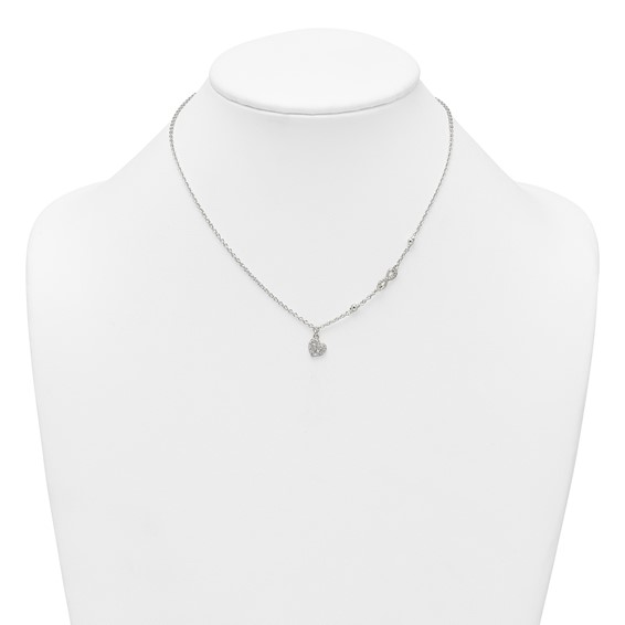 Sterling Silver Polished Beaded White CZ Infinity and Heart 16 inch with 2 inch Extension Necklace