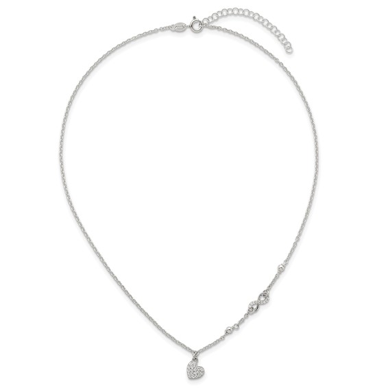 Sterling Silver Polished Beaded White CZ Infinity and Heart 16 inch with 2 inch Extension Necklace