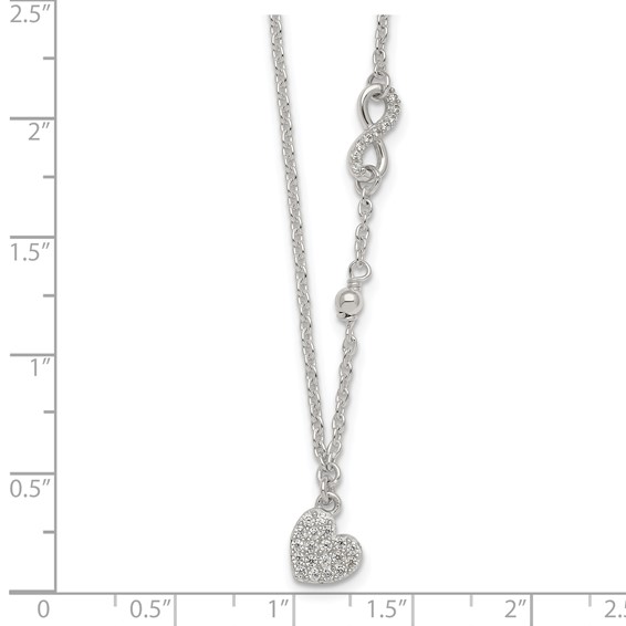 Sterling Silver Polished Beaded White CZ Infinity and Heart 16 inch with 2 inch Extension Necklace
