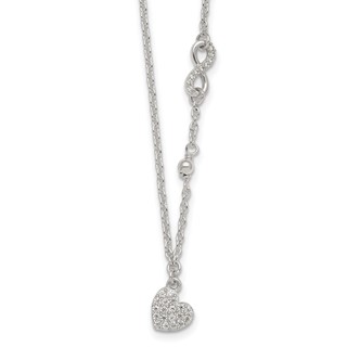 Sterling Silver Polished Beaded White CZ Infinity and Heart 16 inch with 2 inch Extension Necklace