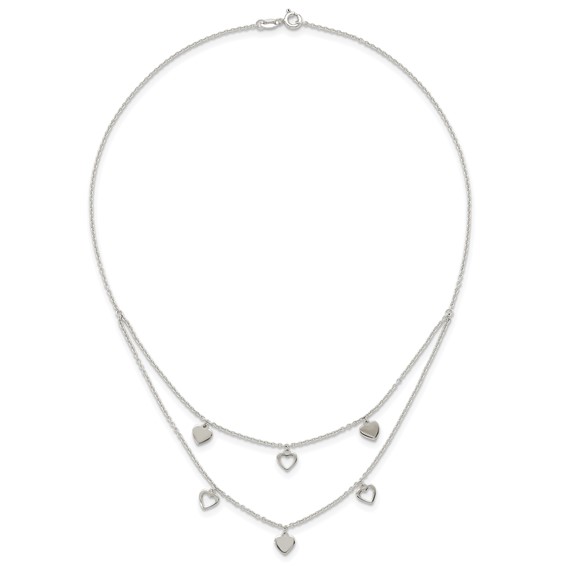Sterling Silver Polished Double Strand Heart Station 15.75 inch Necklace