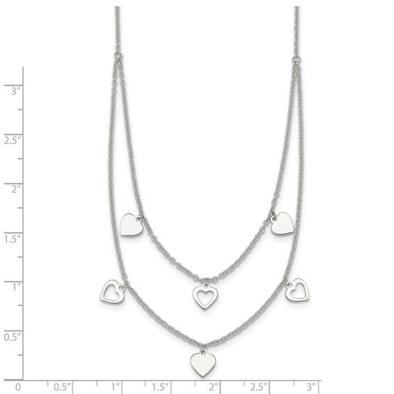 Sterling Silver Polished Double Strand Heart Station 15.75 inch Necklace