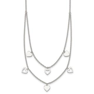 Sterling Silver Polished Double Strand Heart Station 15.75 inch Necklace