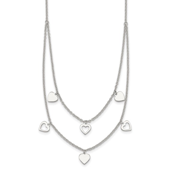 Sterling Silver Polished Double Strand Heart Station 15.75 inch Necklace