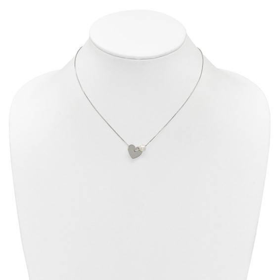 Sterling Silver Polished Heart and Glass Pearl 16 inch Necklace