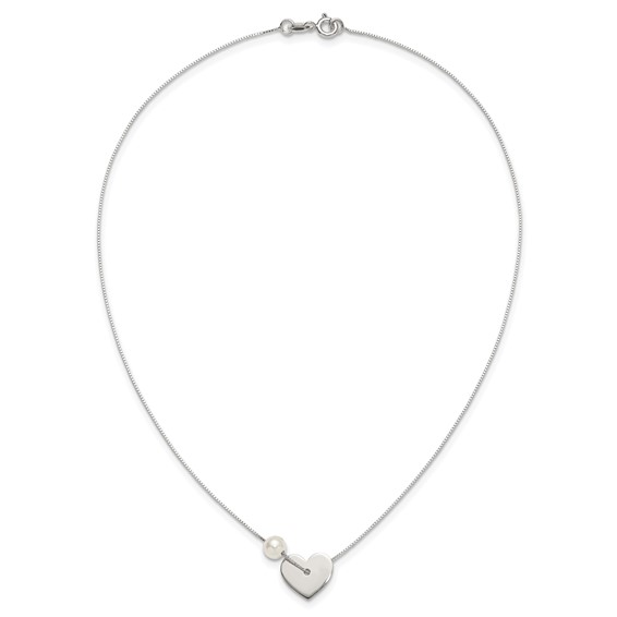 Sterling Silver Polished Heart and Glass Pearl 16 inch Necklace